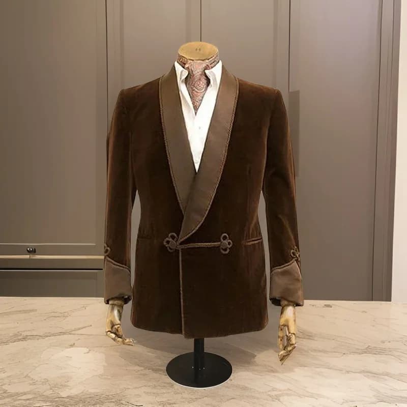 1 Pc Brown Velvet Smoking Jacket With Double Breasted Men Blazer For Wedding Groom Prom Single Coat Male Fashion Costume 2024