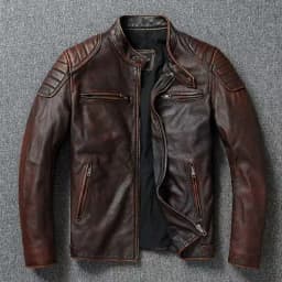 KIDWHXR Autumn Men Leather Jacket Motorcycle Retro Stand Collar Zipper Male Coat Slim Long Sleeve Windproof Man Casual Outerwear