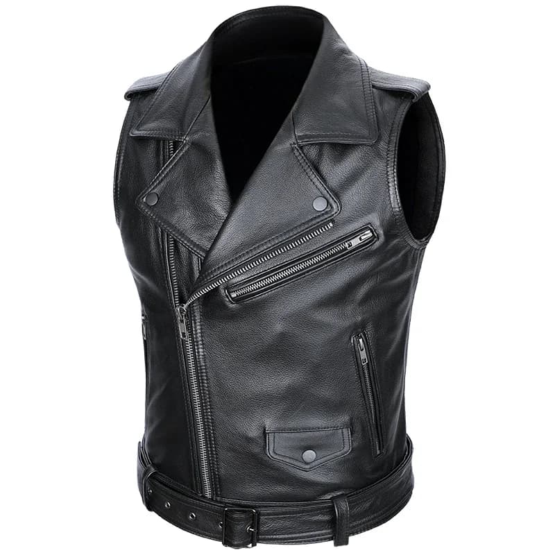 Classical Motorcycle 100% Cowhide Leather Vest Men's Oblique Zipper Genuine Leather Sleeveless Jackets Slim Motorcade Vests