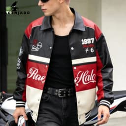 Men's PU Leather Motorcycle Jacket Vintage Varsity Coat Letterman Baseball Style Outerwear Streetwear for Outdoor Activities