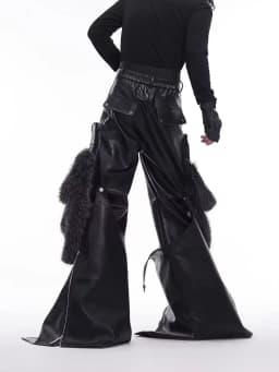 Mauroicardi Spring Autumn Cool Long Baggy Black Pu Leather Wide Leg Cargo Pants Men Luxury Mens Designer Clothes Streetwear 2025