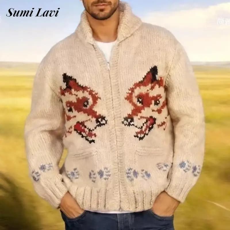 Knitting Zipper Turn-down Thermal Warm Mens Thicken Sweater Coat Fall Winter Fox Crochet Knit Cardigan Vintage Sweatercoats