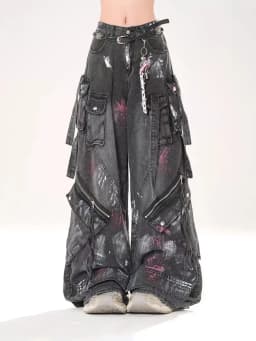 2000s Y2K heavy industry drag pants Gothic multi-pocket hip hop wide leg jeans washed black jeans men and women street pants