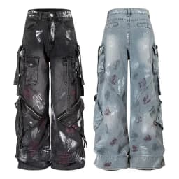 2000s Y2K heavy industry drag pants Gothic multi-pocket hip hop wide leg jeans washed black jeans men and women street pants