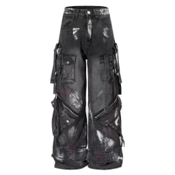 2000s Y2K heavy industry drag pants Gothic multi-pocket hip hop wide leg jeans washed black jeans men and women street pants