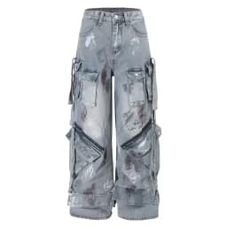 2000s Y2K heavy industry drag pants Gothic multi-pocket hip hop wide leg jeans washed black jeans men and women street pants
