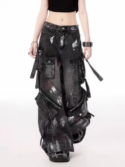 2000s Y2K heavy industry drag pants Gothic multi-pocket hip hop wide leg jeans washed black jeans men and women street pants
