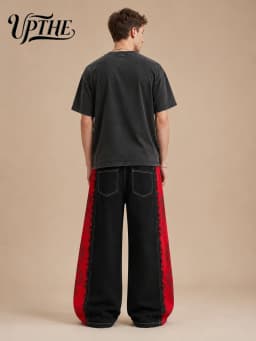 UP.THE Men Black Baggy Wide Leg Jeans, Y2K Oversized Loose Side Red Dragon Panel Print Denim Pants, Punk Streetwear Trousers for Daily Outfits