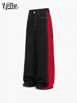 UP.THE Men Black Baggy Wide Leg Jeans, Y2K Oversized Loose Side Red Dragon Panel Print Denim Pants, Punk Streetwear Trousers for Daily Outfits
