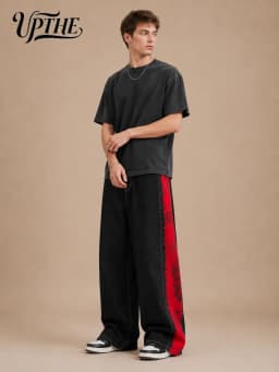 UP.THE Men Black Baggy Wide Leg Jeans, Y2K Oversized Loose Side Red Dragon Panel Print Denim Pants, Punk Streetwear Trousers for Daily Outfits