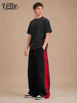 UP.THE Men Black Baggy Wide Leg Jeans, Y2K Oversized Loose Side Red Dragon Panel Print Denim Pants, Punk Streetwear Trousers for Daily Outfits