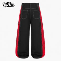 UP.THE Men Black Baggy Wide Leg Jeans, Y2K Oversized Loose Side Red Dragon Panel Print Denim Pants, Punk Streetwear Trousers for Daily Outfits