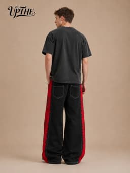 UP.THE Men Black Baggy Wide Leg Jeans, Y2K Oversized Loose Side Red Dragon Panel Print Denim Pants, Punk Streetwear Trousers for Daily Outfits