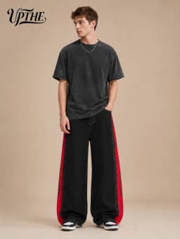 UP.THE Men Black Baggy Wide Leg Jeans, Y2K Oversized Loose Side Red Dragon Panel Print Denim Pants, Punk Streetwear Trousers for Daily Outfits
