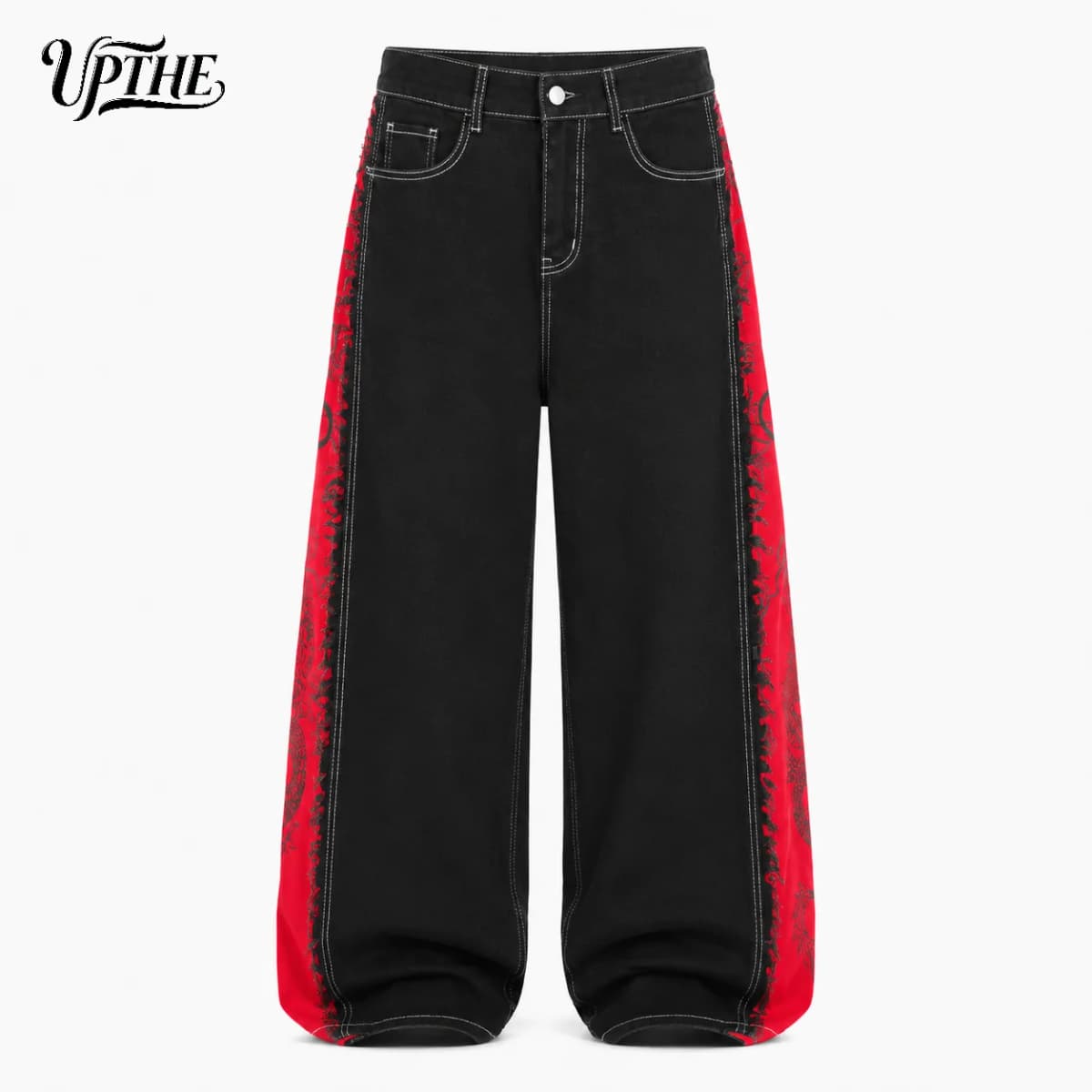 UP.THE Men Black Baggy Wide Leg Jeans, Y2K Oversized Loose Side Red Dragon Panel Print Denim Pants, Punk Streetwear Trousers for Daily Outfits