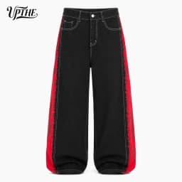 UP.THE Men Black Baggy Wide Leg Jeans, Y2K Oversized Loose Side Red Dragon Panel Print Denim Pants, Punk Streetwear Trousers for Daily Outfits