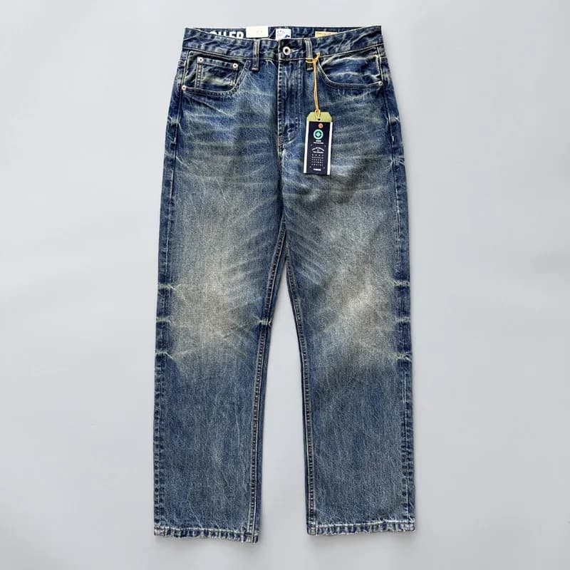 2026 Spring New Arrival Light Blue Straight-Leg Denim Jeans for Men American Retro Washed Blue Denim with Whisker Effect Pants