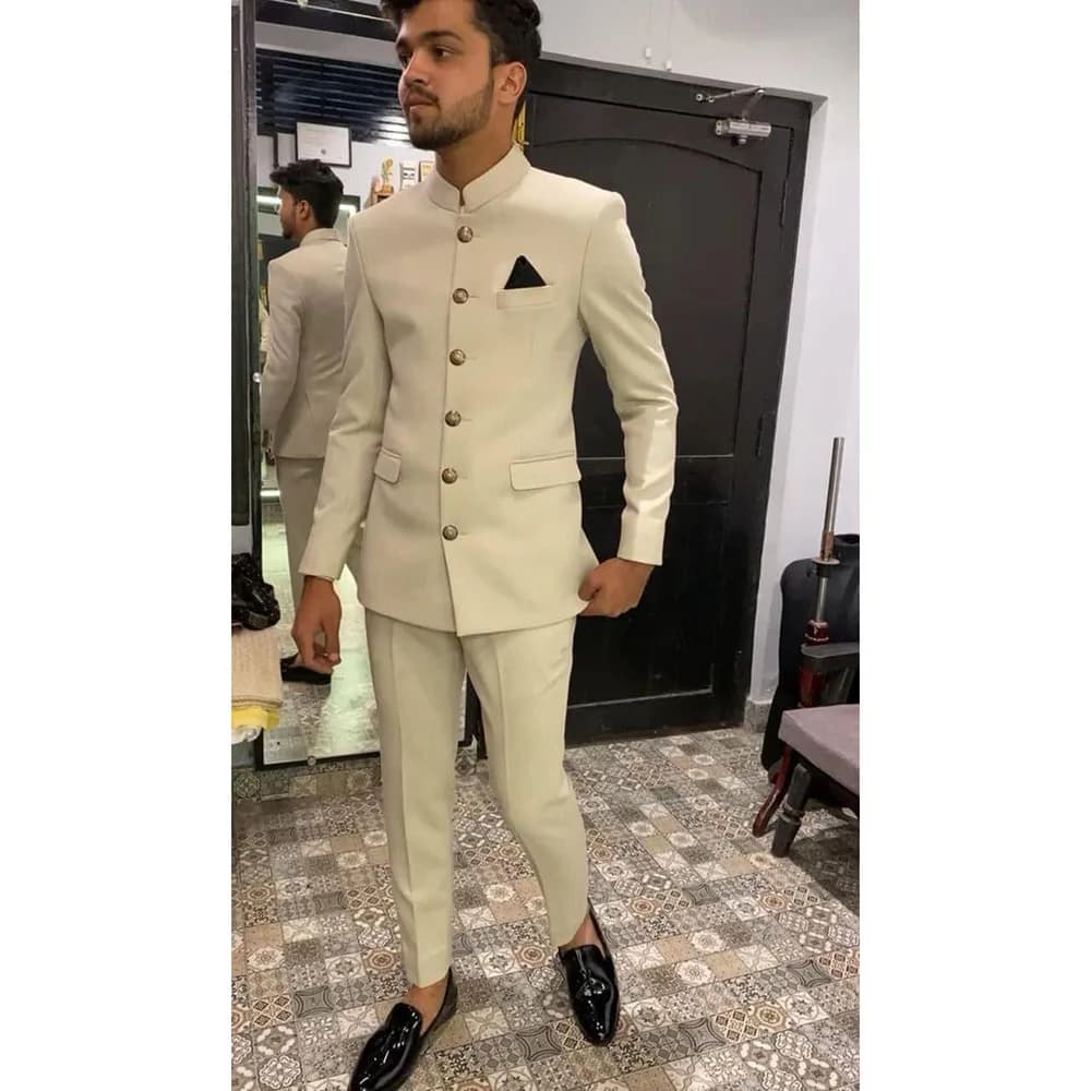 Skinny Biege Men Suit Single Breasted High Quality Stand-up Collar Business Formal Occasion Male Clothing Stylish Daily