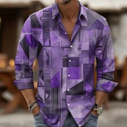 Men's Geometric Color Block Patchwork Shirt 3D Printed Shirt Button Up Shirt Casual Long Sleeve Shirt Street Blouse for Mens