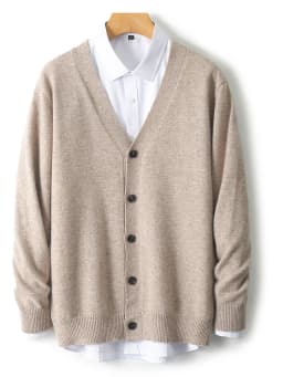 Men's Autumn Winter 100% Merino Wool Knitted Sweater V-Neck Casual Loose Cardigan Warm Comfortable Solid Basic Clothing Tops