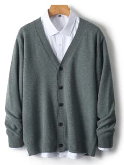 Men's Autumn Winter 100% Merino Wool Knitted Sweater V-Neck Casual Loose Cardigan Warm Comfortable Solid Basic Clothing Tops