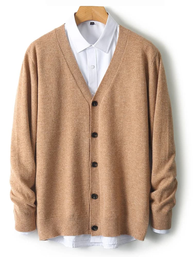 Men's Autumn Winter 100% Merino Wool Knitted Sweater V-Neck Casual Loose Cardigan Warm Comfortable Solid Basic Clothing Tops