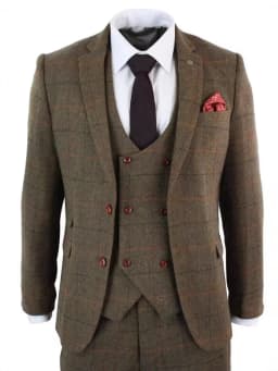 Elegant 3pcs Men's Brown Plaid Woolen Herringbone Tweed Wedding Office Tuxedo Formal Business Suits Set - Jacket Vest Pants