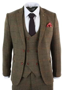 Elegant 3pcs Men's Brown Plaid Woolen Herringbone Tweed Wedding Office Tuxedo Formal Business Suits Set - Jacket Vest Pants