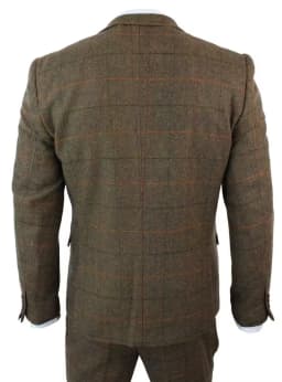 Elegant 3pcs Men's Brown Plaid Woolen Herringbone Tweed Wedding Office Tuxedo Formal Business Suits Set - Jacket Vest Pants