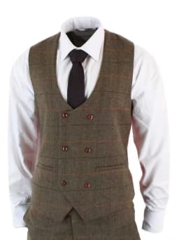 Elegant 3pcs Men's Brown Plaid Woolen Herringbone Tweed Wedding Office Tuxedo Formal Business Suits Set - Jacket Vest Pants