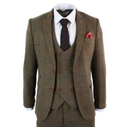 Elegant 3pcs Men's Brown Plaid Woolen Herringbone Tweed Wedding Office Tuxedo Formal Business Suits Set - Jacket Vest Pants
