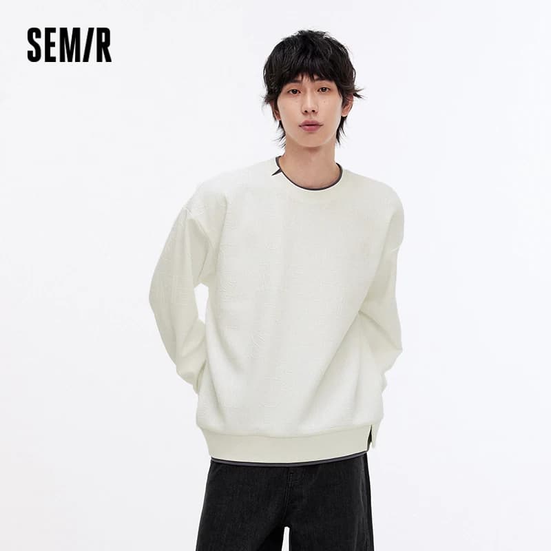 Semir Hoodie Men Color Block Fake Two Piece 2025 Autumn New Textured Letter Jacquard Casual Top