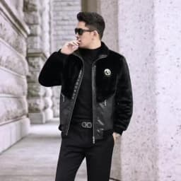 Winter Stand-Up Collar Men's Fashionable Casual Warm Faux Mink Fur Spliced Pu Leather Jacket