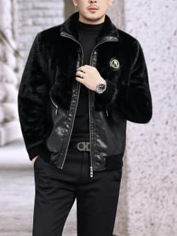 Winter Stand-Up Collar Men's Fashionable Casual Warm Faux Mink Fur Spliced Pu Leather Jacket