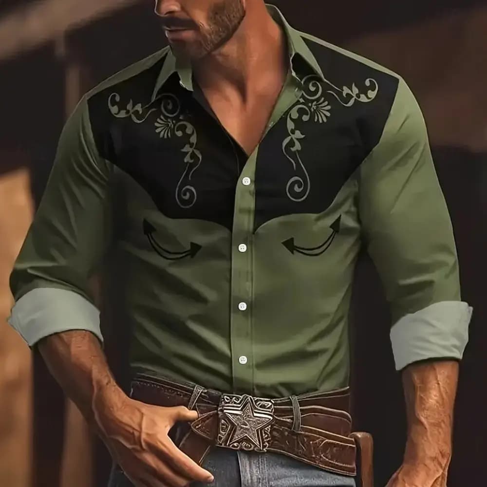 Men's Floral Print Ethnic Scrollwork Shirt Western Shirt Cowboy Shirt Long Sleeve Vintage Retro Outdoor Vacation Spring Fall