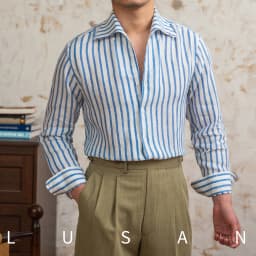 Summer 100 Linen One-piece Collar Striped Long-sleeved Shirt Lightweight Breathable Outdoor Shirt for Men