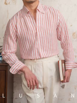 Summer 100 Linen One-piece Collar Striped Long-sleeved Shirt Lightweight Breathable Outdoor Shirt for Men