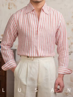Summer 100 Linen One-piece Collar Striped Long-sleeved Shirt Lightweight Breathable Outdoor Shirt for Men