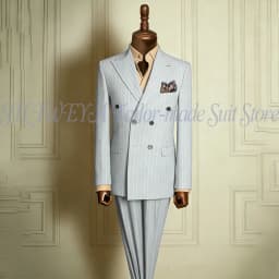 Classic Men's Stripe Suits Slim Fit Formal Tuxedos Double Breasted Groom Wear For Wedding Peaked Lapel Customize Jacket+Pants