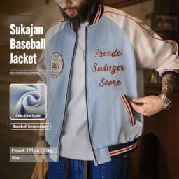 Maden Men Vintage Embroidered Souvenir Jacket Satin Contrast Baseball Bomber Outwear Short Zip-Up Casual Jacket for Spring Fall