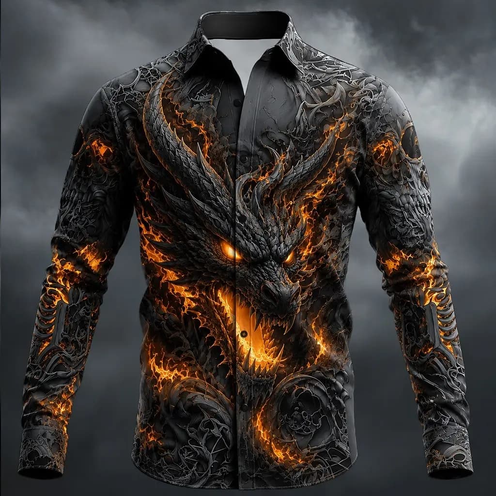 Halloween Men's Dragon Casual Shirt Long Sleeve Horror Dark Casual Streetwear Carnival Spring Fall Turndown Button Up shirt