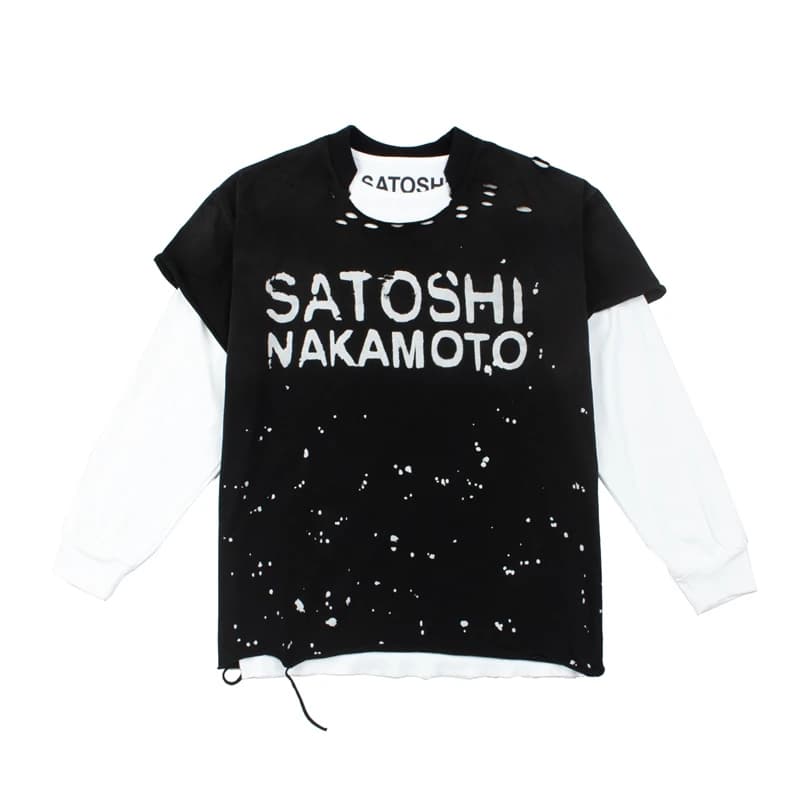 Satoshi Nakamoto T-shirt Long Sleeve Men's Women's Street Ripped Loose Washed Hip Hop Letter Print Tshirts 2 Pieces Wear