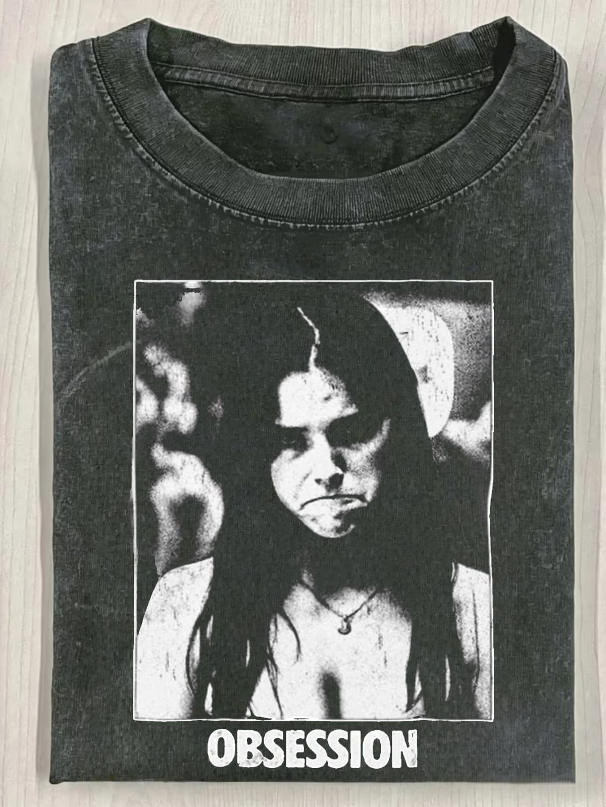 Vintage OBSESSION Movie 230G Washed T-Shirt, Frowning Nikki Graphic Washed T-Shirt, Gothic Horror Washed T-Shirt