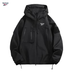 Reebok Men's Hooded Jacket, Black Waterproof Sliding Windproof Coat, Multi-Zip Design Camping Loose-Fitting Softshell Hiking Jac