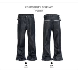 MIJKO Flared Raw Denim Unisex Jeans Washed Wide Leg Dark Blue Leather Patch Long Pants TJ180