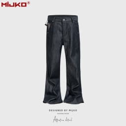 MIJKO Flared Raw Denim Unisex Jeans Washed Wide Leg Dark Blue Leather Patch Long Pants TJ180