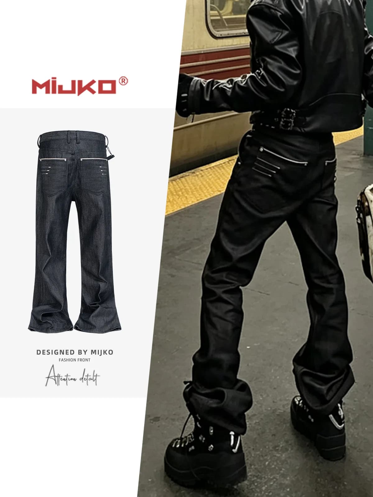 MIJKO Flared Raw Denim Unisex Jeans Washed Wide Leg Dark Blue Leather Patch Long Pants TJ180