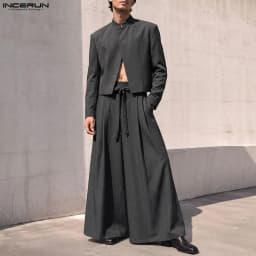 INCERUN Men Sets Solid Color Long Sleeve Blazer Wide Leg Pants Two Piece Sets Streetwear Elegant Fashion Men Matching Sets 2026