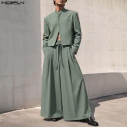 INCERUN Men Sets Solid Color Long Sleeve Blazer Wide Leg Pants Two Piece Sets Streetwear Elegant Fashion Men Matching Sets 2026