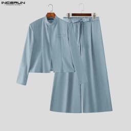 INCERUN Men Sets Solid Color Long Sleeve Blazer Wide Leg Pants Two Piece Sets Streetwear Elegant Fashion Men Matching Sets 2026